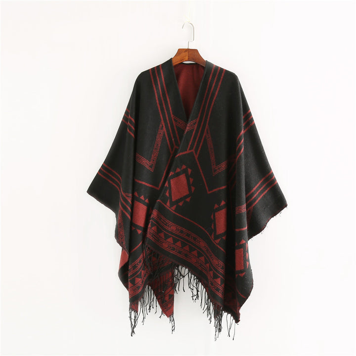Unisex Ethno-Poncho aus weichem Strick mit Fransen und geometrischem Muster Drune