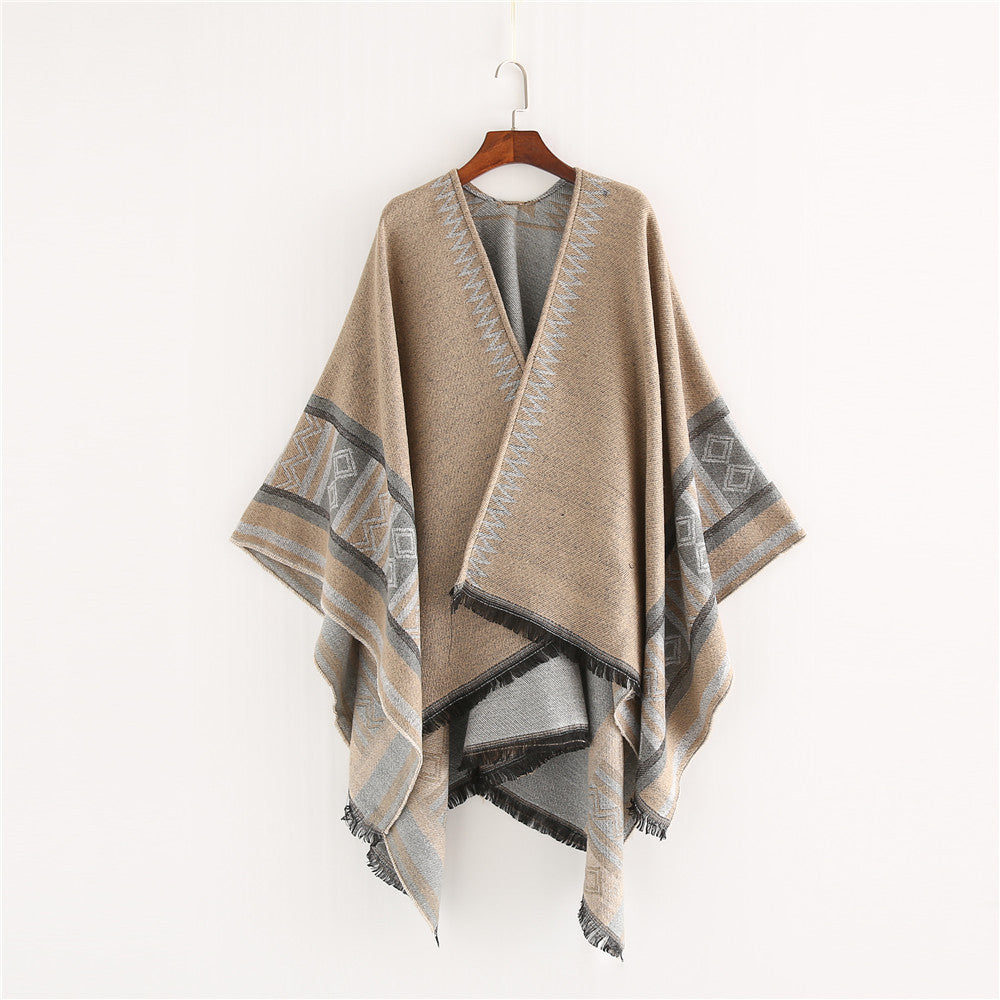 Damen Oversize-Ruana-Poncho im Boho-Ethno-Look aus Wollmix mit V-Ausschnitt und Fransensaum Drune