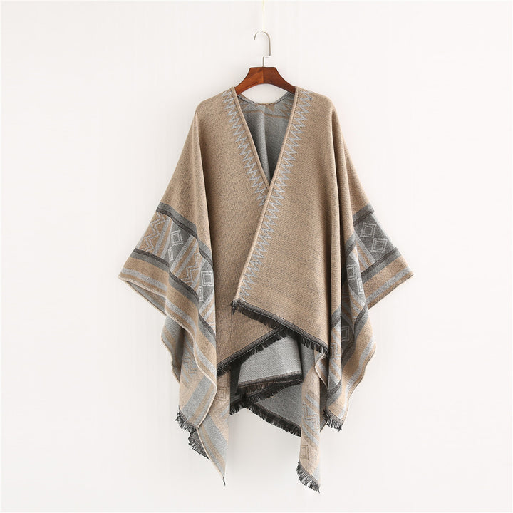 Damen Oversize-Ruana-Poncho im Boho-Ethno-Look aus Wollmix mit V-Ausschnitt und Fransensaum Drune