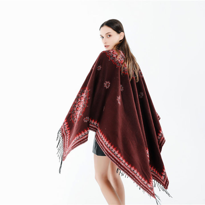 Damen Jacquard-Poncho im Oversize-Kimono-Fall mit Fransen Drune