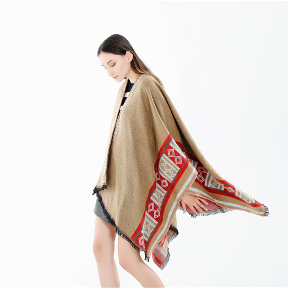 Damen Oversize-Ruana-Poncho im Boho-Ethno-Look aus Wollmix mit V-Ausschnitt und Fransensaum Drune