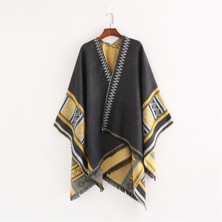 Damen Oversize-Ruana-Poncho im Boho-Ethno-Look aus Wollmix mit V-Ausschnitt und Fransensaum Drune
