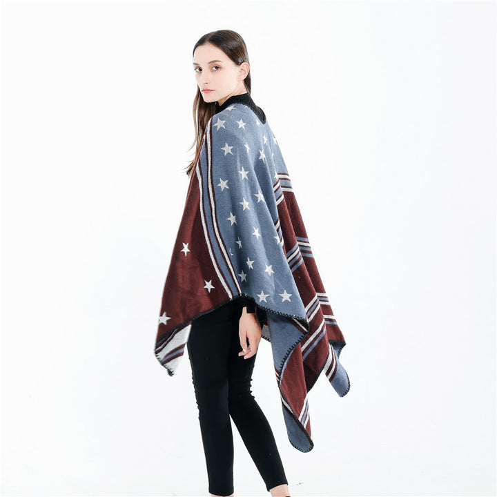 Damen Ruana-Überwurf mit Sternmotiv und zweifarbiger Jacquardkante Drune