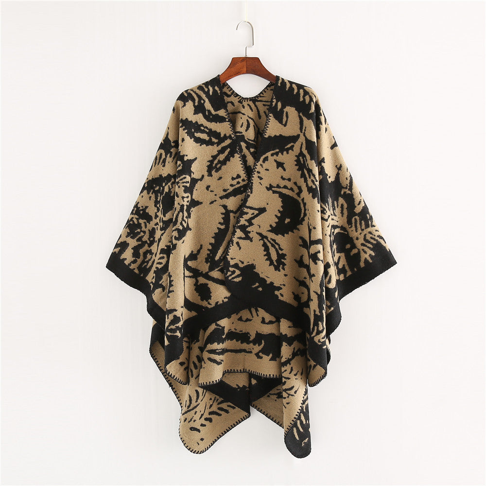 Damen Jacquard‑Ruana‑Überwurf mit floraler Webstruktur und dekorativer Kettelkante Drune