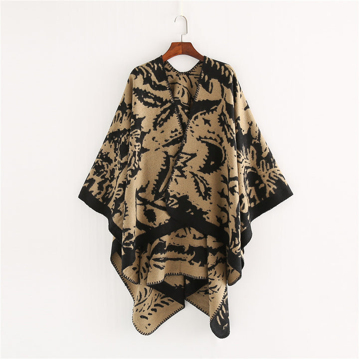 Damen Jacquard‑Ruana‑Überwurf mit floraler Webstruktur und dekorativer Kettelkante Drune