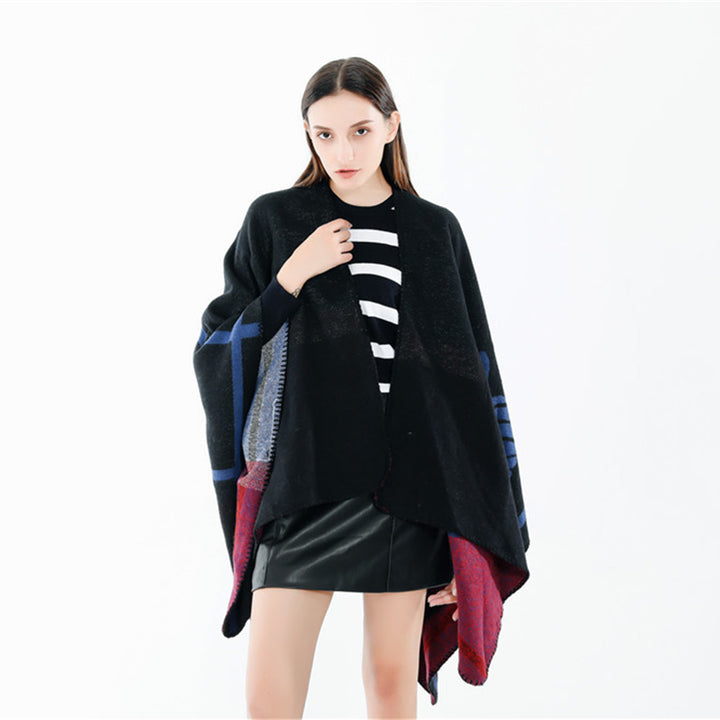 Damen Jacquard-Ruana mit floralem Intarsienmuster und zweifarbiger Wendekante Drune