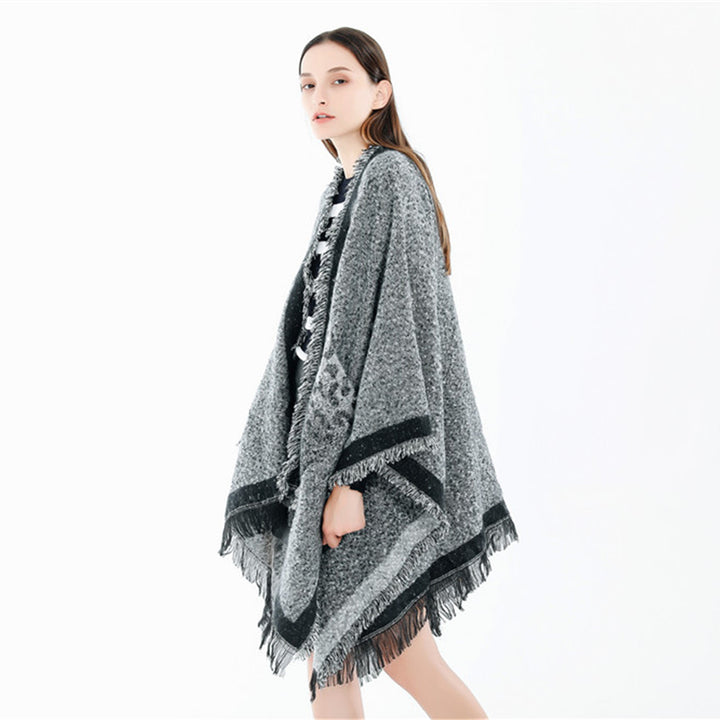 Damen Oversize-Ruana-Poncho im wolligen Mix mit Fransen und Kontrastkante Drune