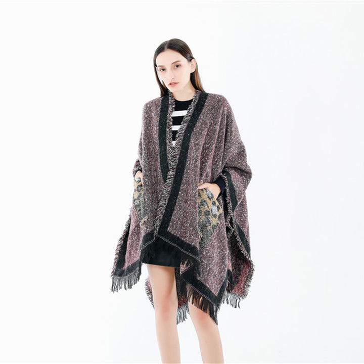 Damen Oversize-Ruana-Poncho im wolligen Mix mit Fransen und Kontrastkante Drune