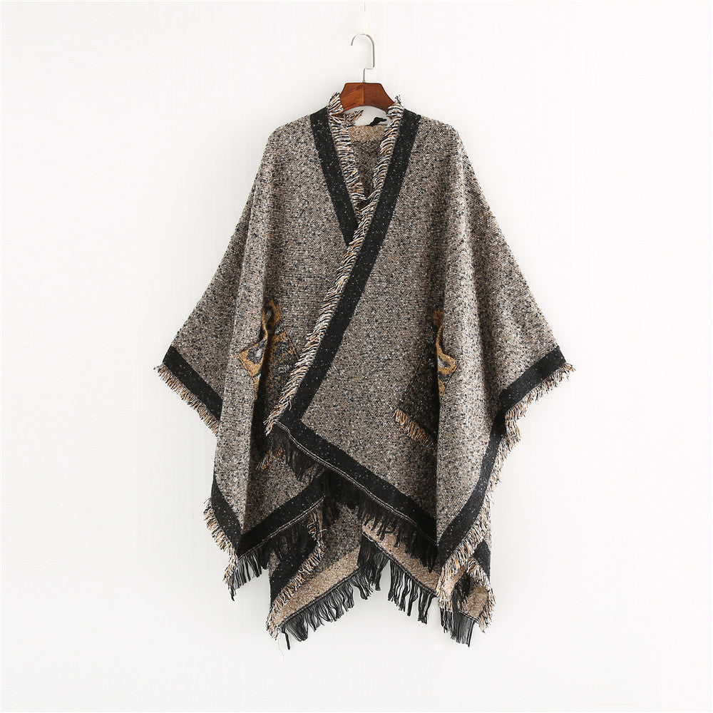 Damen Oversize-Ruana-Poncho im wolligen Mix mit Fransen und Kontrastkante Drune