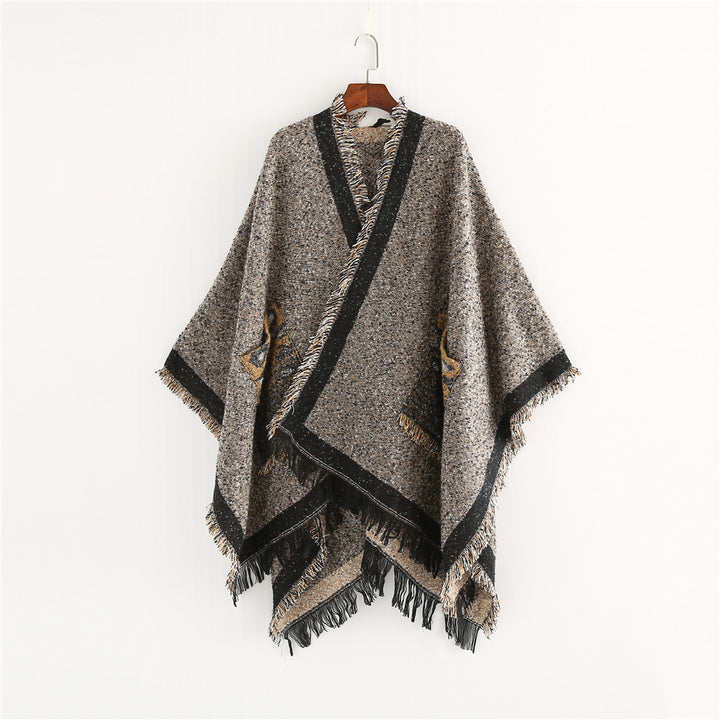 Damen Oversize-Ruana-Poncho im wolligen Mix mit Fransen und Kontrastkante Drune