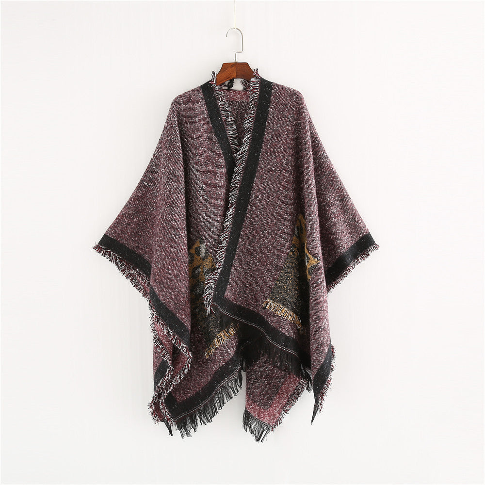 Damen Oversize-Ruana-Poncho im wolligen Mix mit Fransen und Kontrastkante Drune