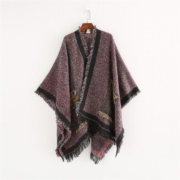 Damen Oversize-Ruana-Poncho im wolligen Mix mit Fransen und Kontrastkante Drune