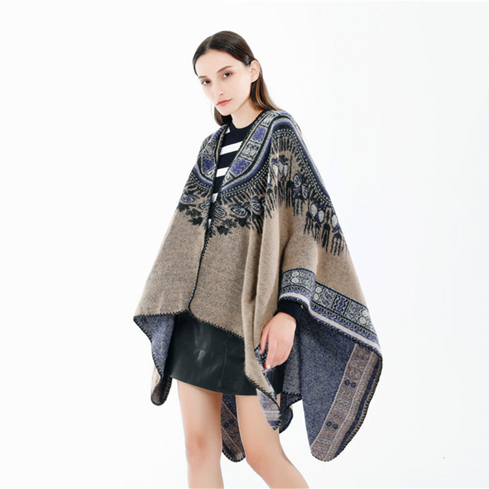 Damen Oversize-Ruana-Poncho im Ethno-Jacquard mit V-Ausschnitt und Bordürenkante Drune