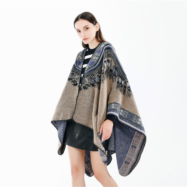 Damen Oversize-Ruana-Poncho im Ethno-Jacquard mit V-Ausschnitt und Bordürenkante Drune