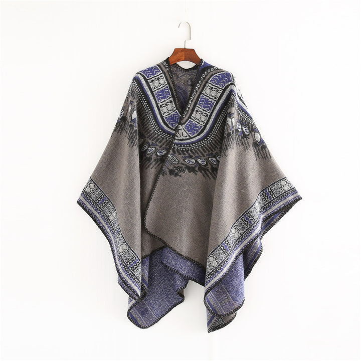Damen Oversize-Ruana-Poncho im Ethno-Jacquard mit V-Ausschnitt und Bordürenkante Drune