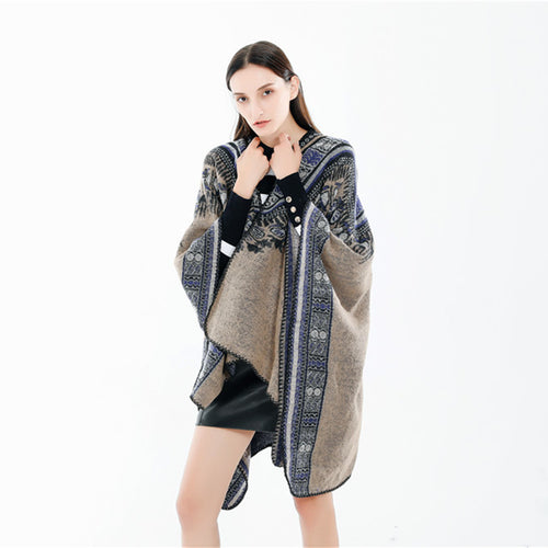 Damen Oversize-Ruana-Poncho im Ethno-Jacquard mit V-Ausschnitt und Bordürenkante Drune