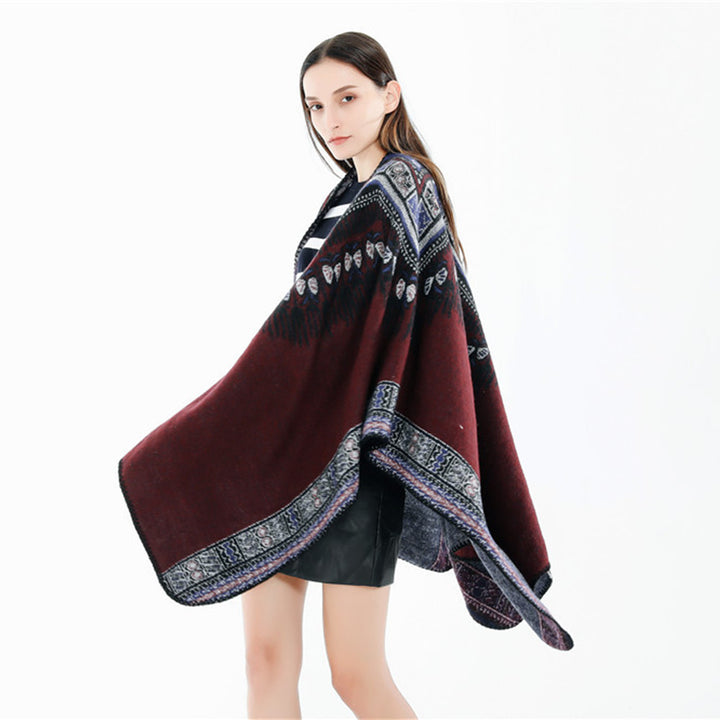Damen Oversize-Ruana-Poncho im Ethno-Jacquard mit V-Ausschnitt und Bordürenkante Drune