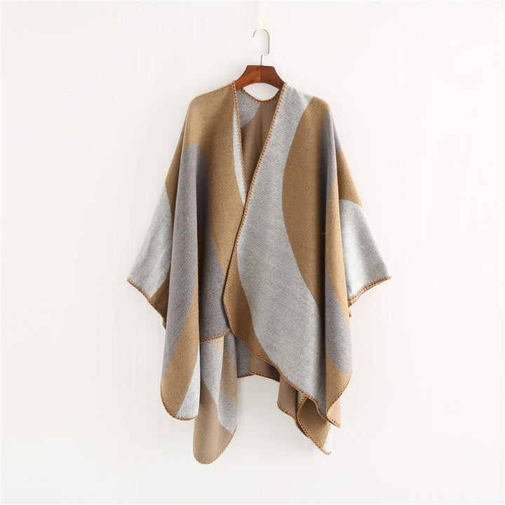 Damen Weichfallender Cape‑Überwurf im Oversize‑Ruana‑Stil mit kontrastierenden Rundflächen und Zierkettnaht Drune