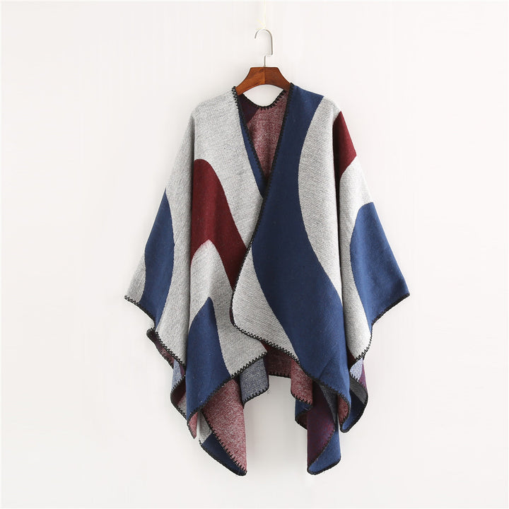 Damen Weichfallender Cape‑Überwurf im Oversize‑Ruana‑Stil mit kontrastierenden Rundflächen und Zierkettnaht Drune