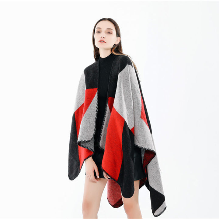 Damen Weichfallender Cape‑Überwurf im Oversize‑Ruana‑Stil mit kontrastierenden Rundflächen und Zierkettnaht Drune