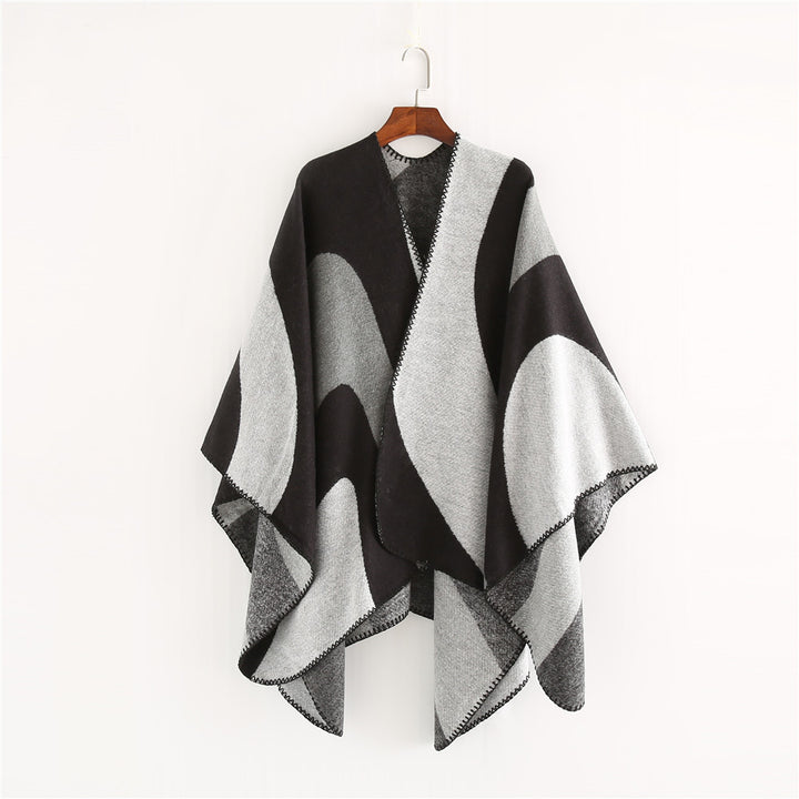 Damen Weichfallender Cape‑Überwurf im Oversize‑Ruana‑Stil mit kontrastierenden Rundflächen und Zierkettnaht Drune