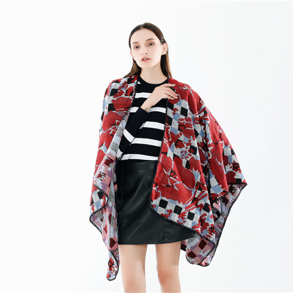 Damen Oversize-Ruana mit V-Ausschnitt und Jacquard-Karo-Floralmuster Drune