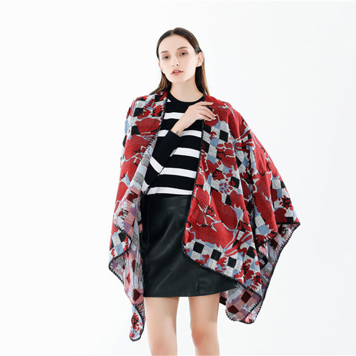 Damen Oversize-Ruana mit V-Ausschnitt und Jacquard-Karo-Floralmuster Drune