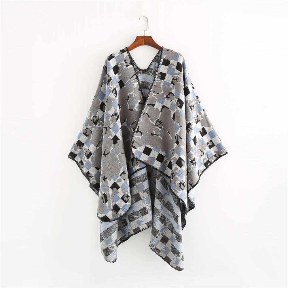 Damen Oversize-Ruana mit V-Ausschnitt und Jacquard-Karo-Floralmuster Drune