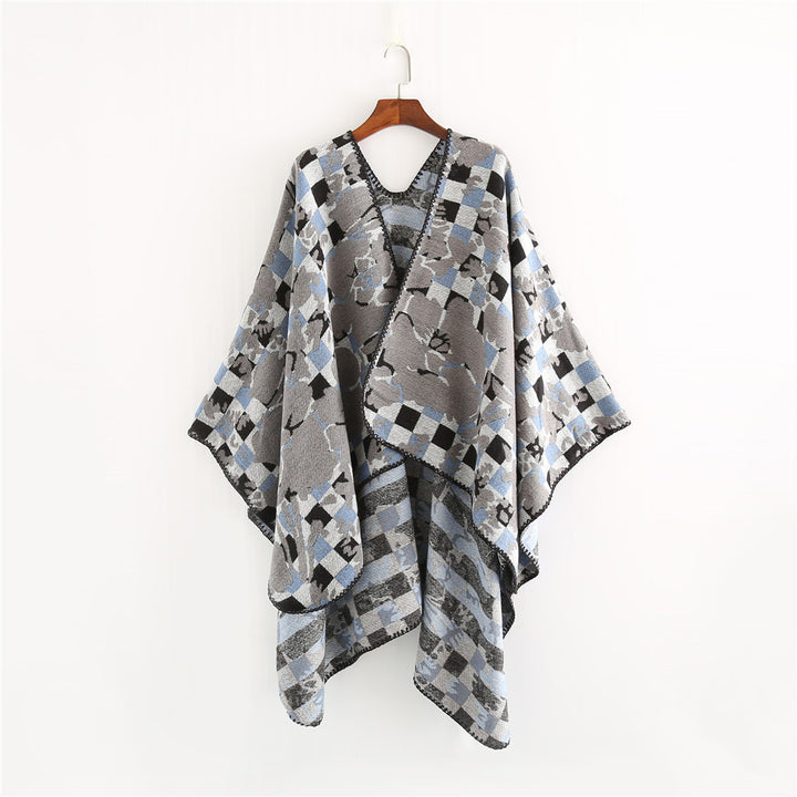 Damen Oversize-Ruana mit V-Ausschnitt und Jacquard-Karo-Floralmuster Drune