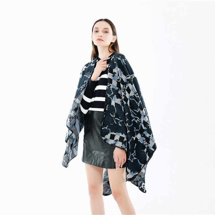Damen Oversize-Ruana mit V-Ausschnitt und Jacquard-Karo-Floralmuster Drune