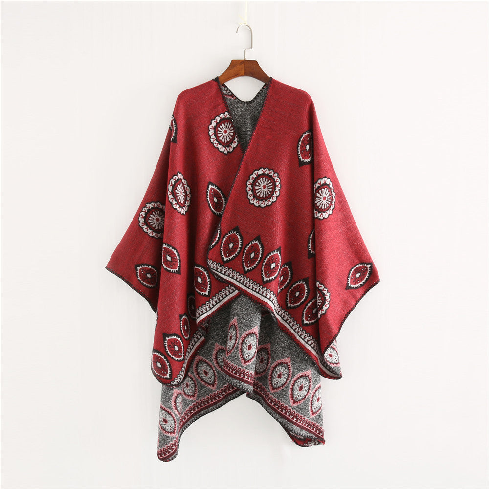Damen Oversize-Ruana mit gewebtem Medaillon‑Jacquard und offenem Kimono‑Fall Drune