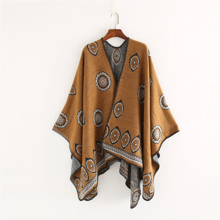 Damen Oversize-Ruana mit gewebtem Medaillon‑Jacquard und offenem Kimono‑Fall Drune