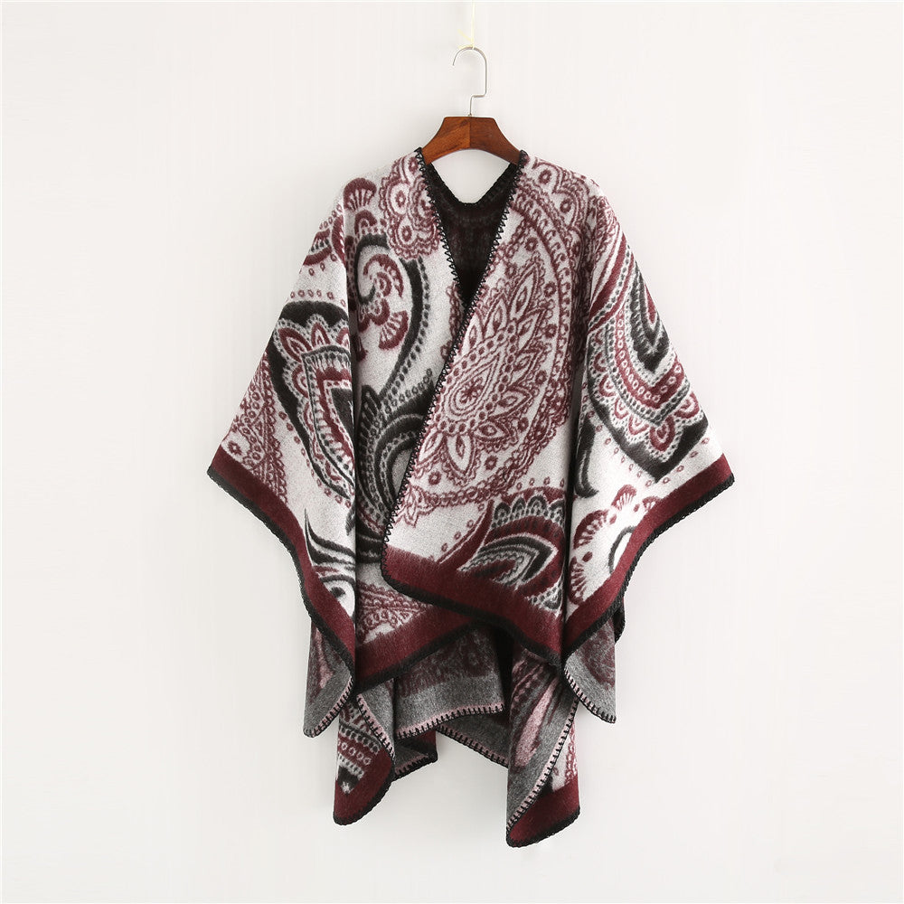 Damen Oversize-Ruana-Überwurf mit Paisley-Jacquard und Zierstichkante Drune