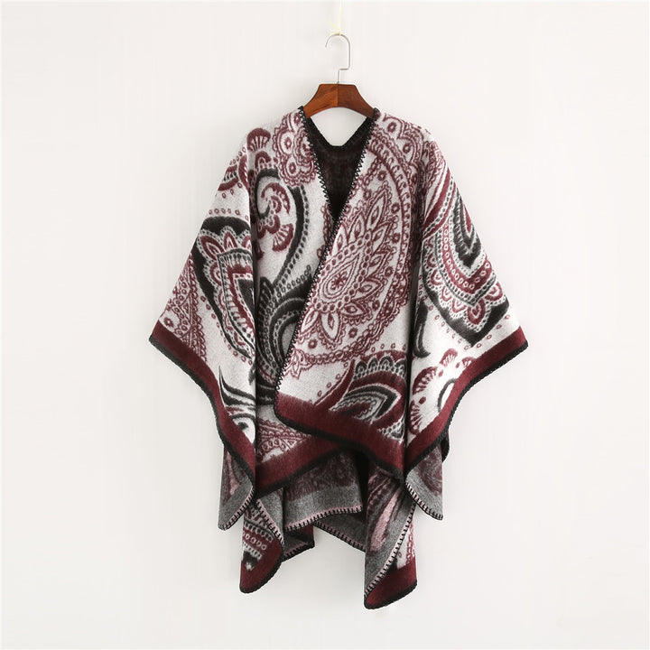 Damen Oversize-Ruana-Überwurf mit Paisley-Jacquard und Zierstichkante Drune