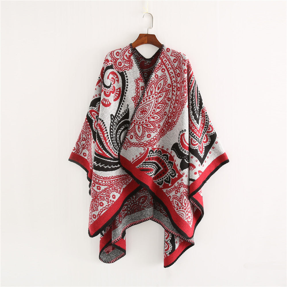 Damen Oversize-Ruana-Überwurf mit Paisley-Jacquard und Zierstichkante Drune