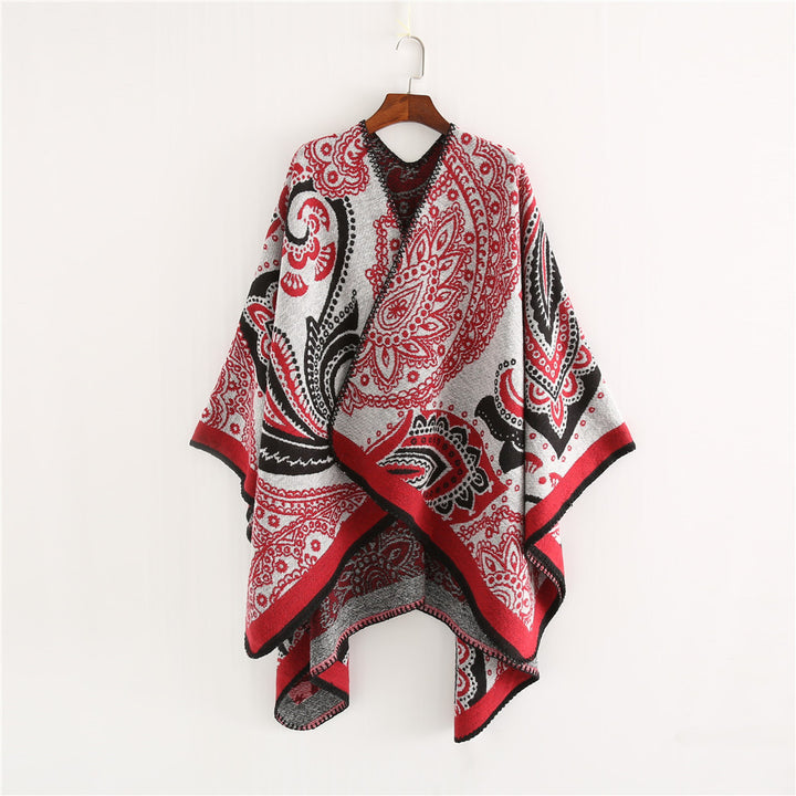 Damen Oversize-Ruana-Überwurf mit Paisley-Jacquard und Zierstichkante Drune
