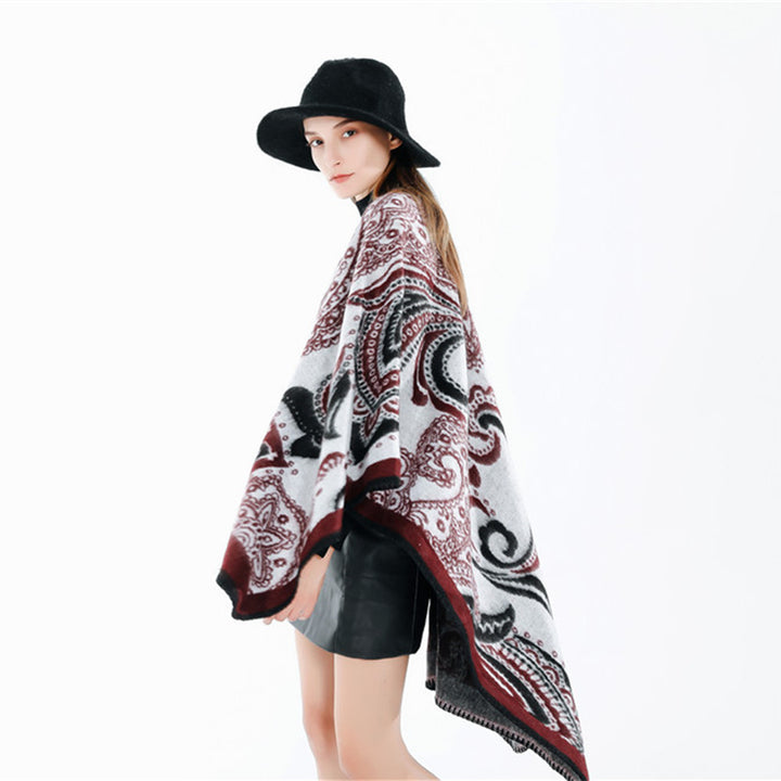 Damen Oversize-Ruana-Überwurf mit Paisley-Jacquard und Zierstichkante Drune