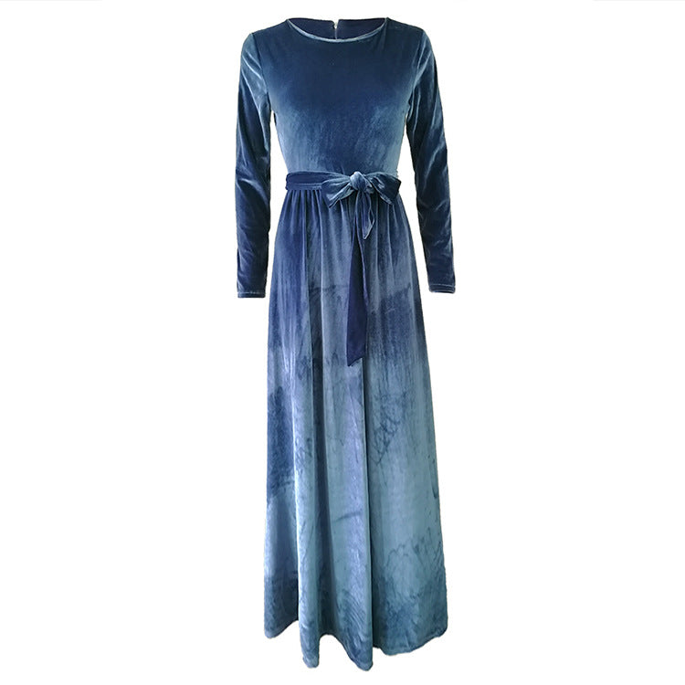 Damen Maxikleid aus Samt mit Taillengürtel und langem A‑Linien‑Rock Drune
