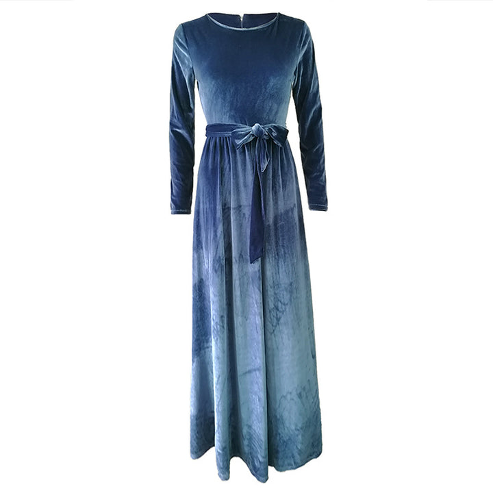 Damen Maxikleid aus Samt mit Taillengürtel und langem A‑Linien‑Rock Drune