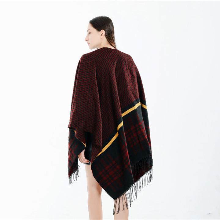 Damen Oversize-Umhangponcho aus Wollmix mit Karomuster, Zickzackjacquard und Fransensaum Drune