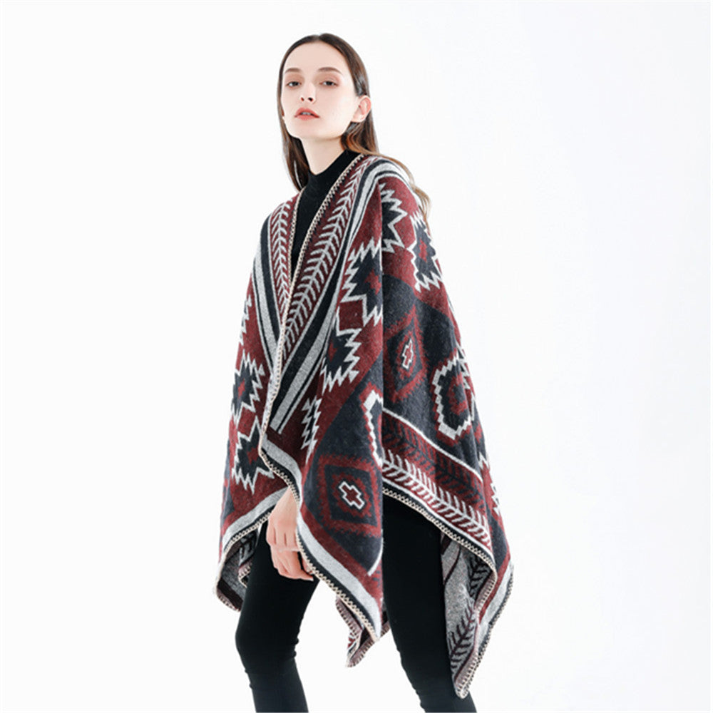 Damen Ethno‑Jacquard Ruana‑Poncho mit kastigem Oversize‑Fall und Zierkettelnaht Drune