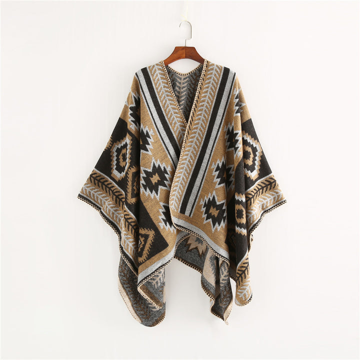 Damen Ethno‑Jacquard Ruana‑Poncho mit kastigem Oversize‑Fall und Zierkettelnaht Drune