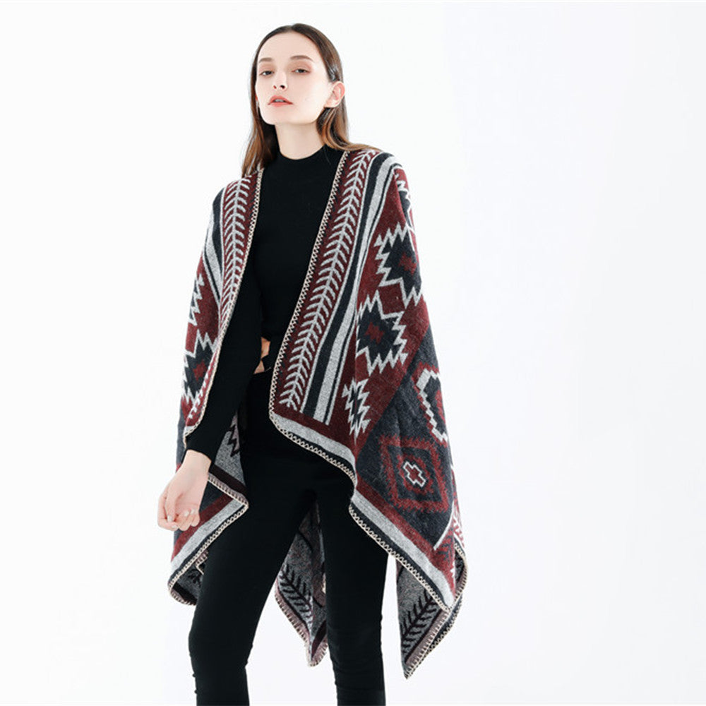 Damen Ethno‑Jacquard Ruana‑Poncho mit kastigem Oversize‑Fall und Zierkettelnaht Drune