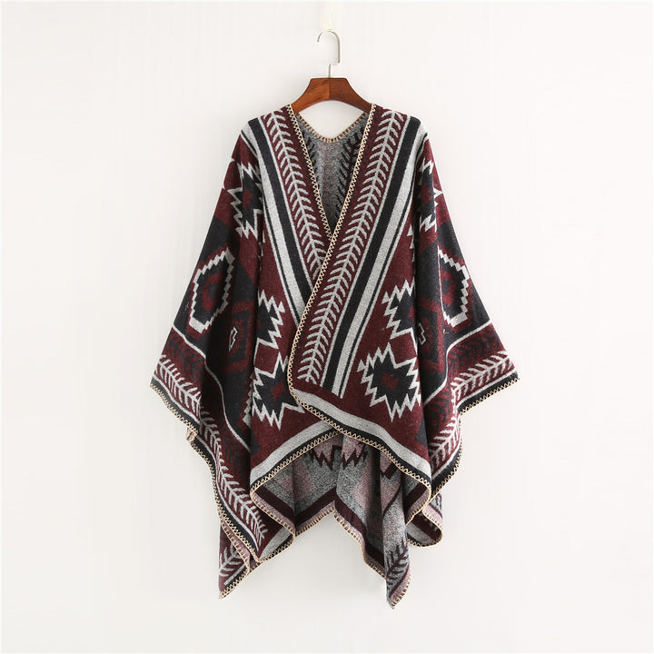 Damen Ethno‑Jacquard Ruana‑Poncho mit kastigem Oversize‑Fall und Zierkettelnaht Drune