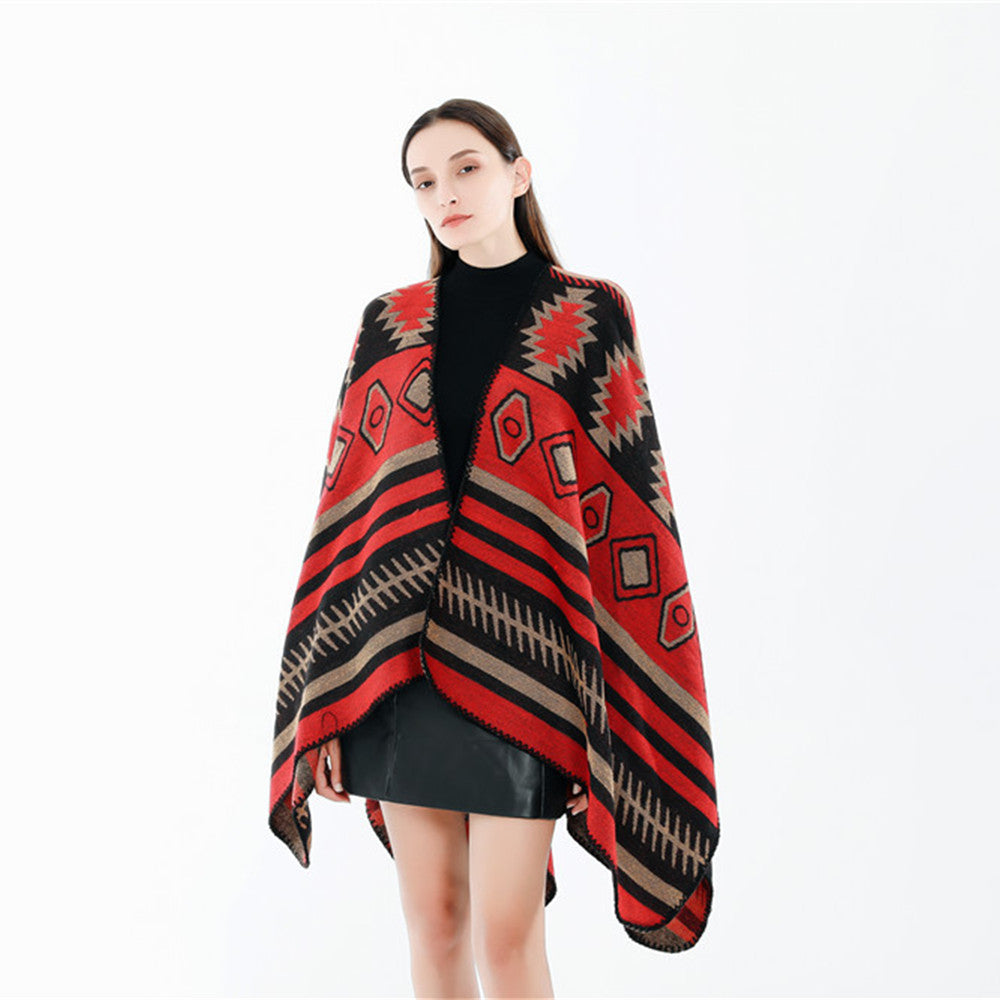 Damen Gewebter Jacquard-Ruana-Poncho mit geometrischem Ethno-Muster Drune