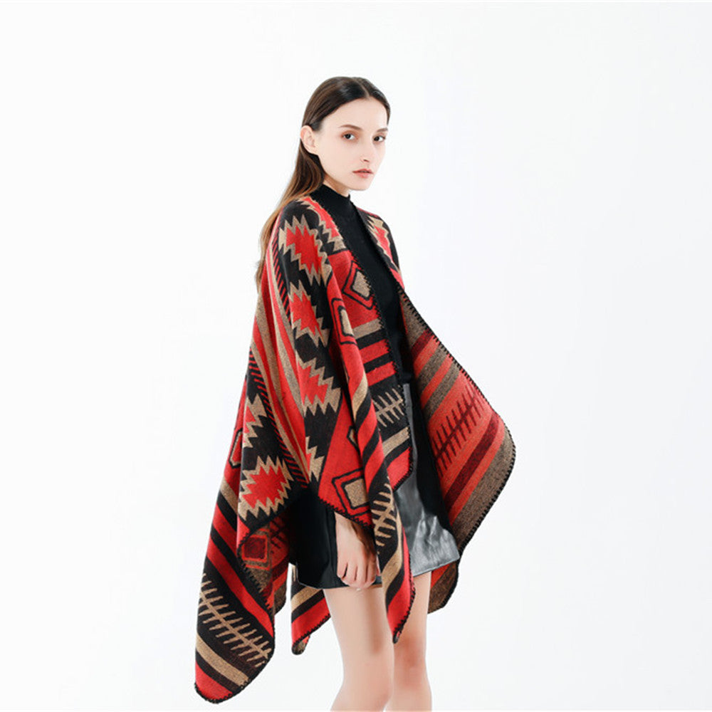 Damen Gewebter Jacquard-Ruana-Poncho mit geometrischem Ethno-Muster Drune