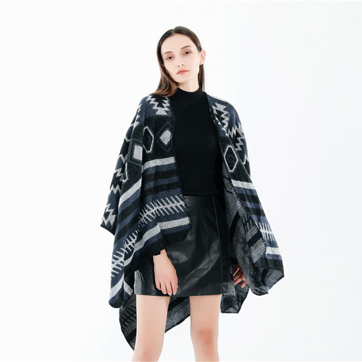 Damen Gewebter Jacquard-Ruana-Poncho mit geometrischem Ethno-Muster Drune