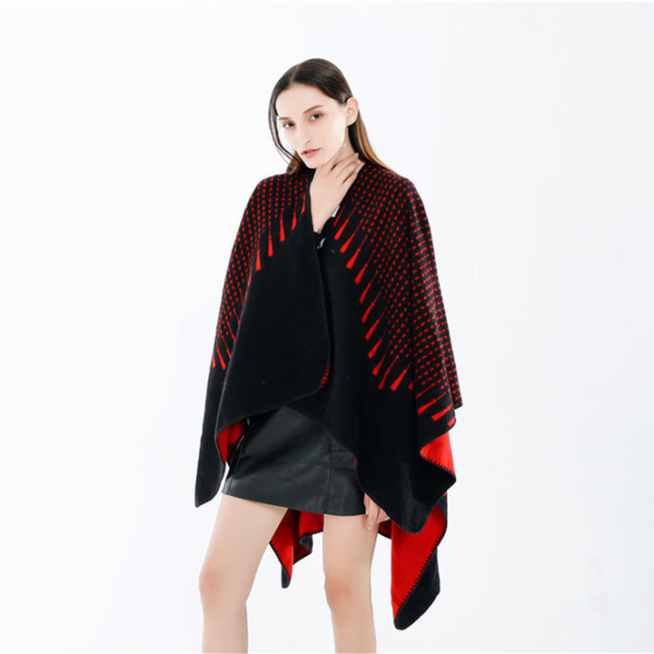 Damen Doppelter Wollmix-Umhang mit reversiblem Jacquard und kastiger Ruana-Silhouette Drune