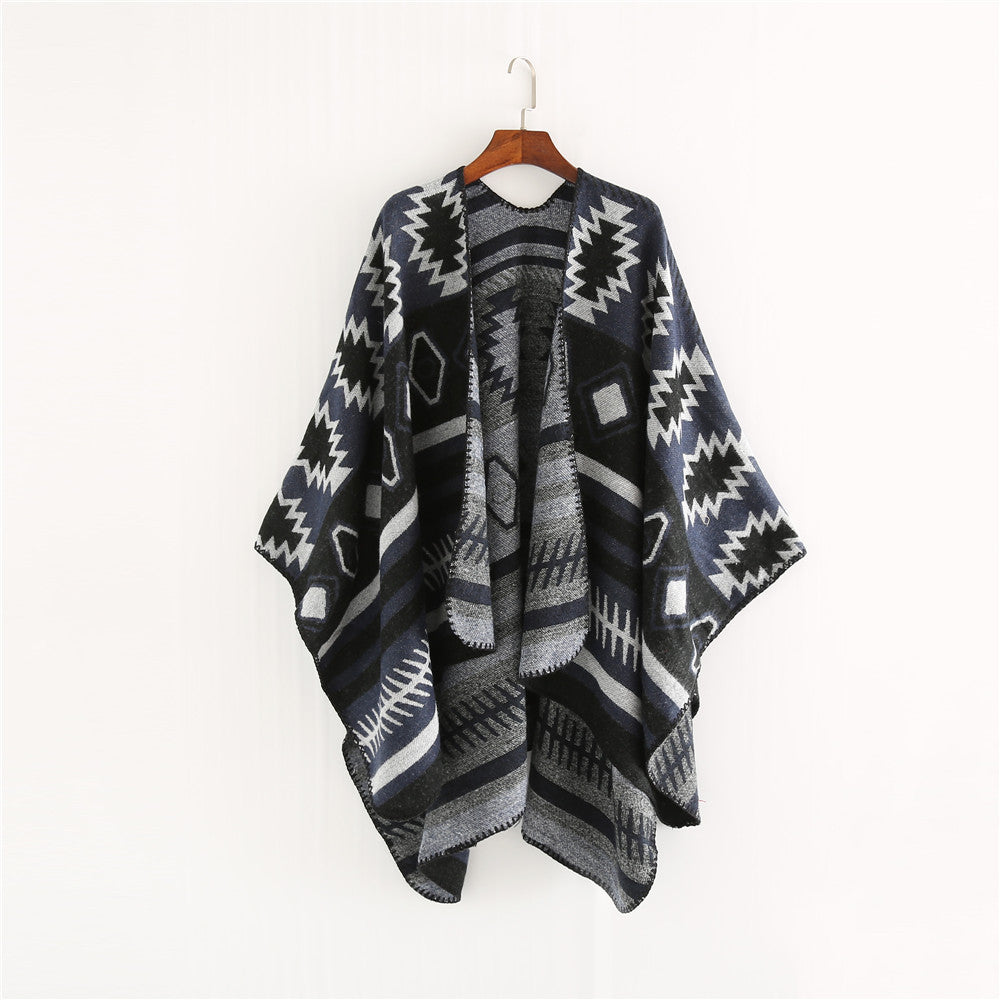 Damen Gewebter Jacquard-Ruana-Poncho mit geometrischem Ethno-Muster Drune