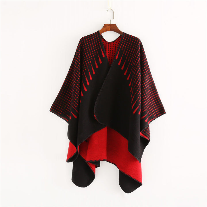 Damen Doppelter Wollmix-Umhang mit reversiblem Jacquard und kastiger Ruana-Silhouette Drune